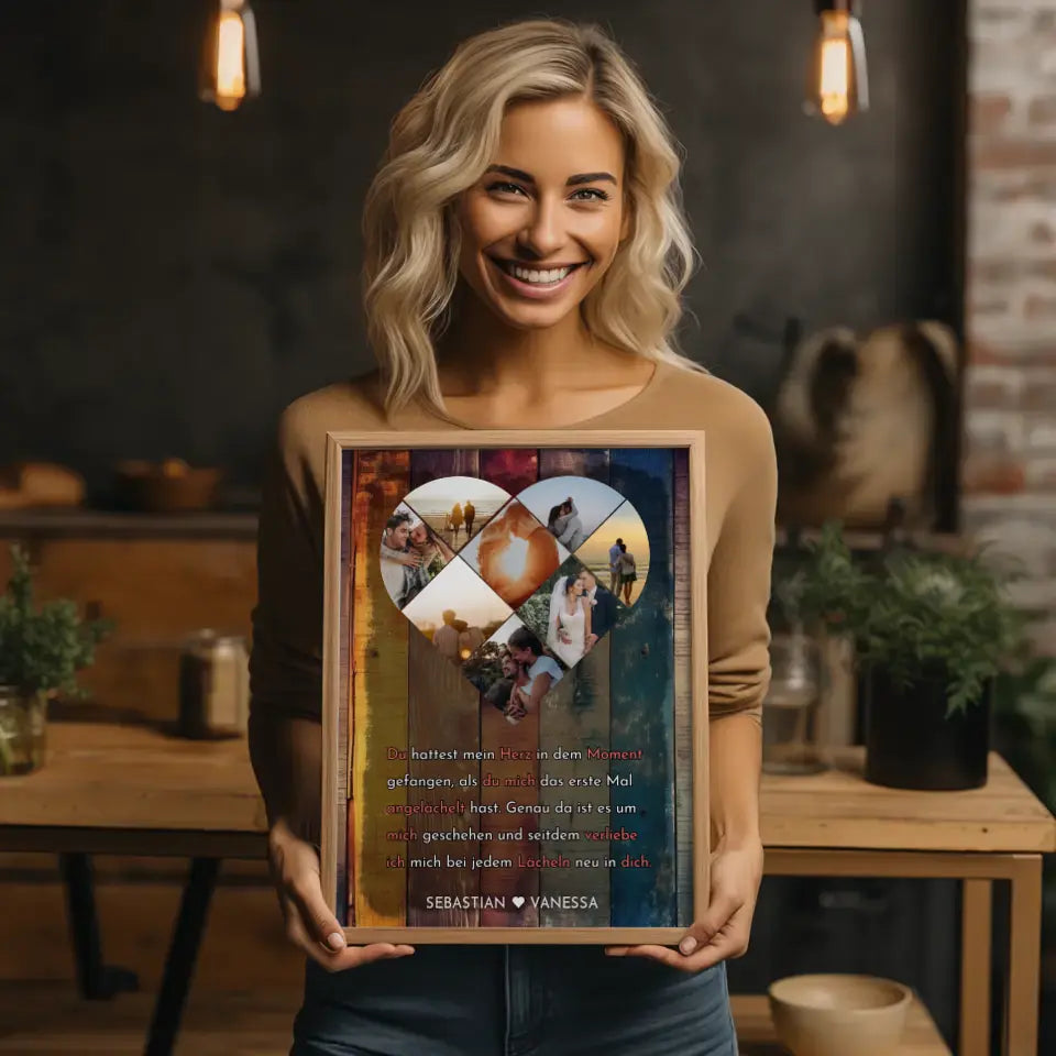 Personalisiertes Poster mit Herz aus Fotos Herzens Moment Bunt Mit 8 Fotos & Namen