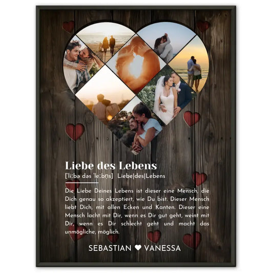 Personalisiertes Poster mit Herz aus Fotos Liebe Herz Holz Stil Mit 8 Fotos & Namen