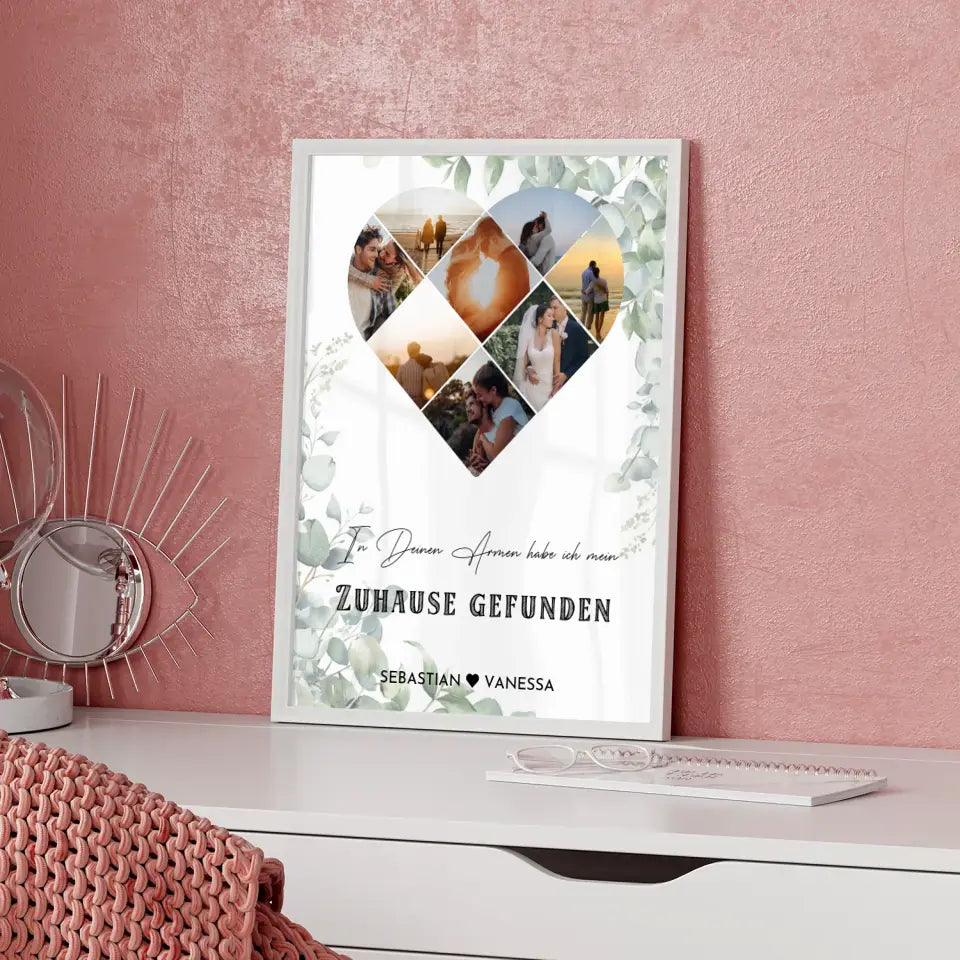 Personalisiertes Poster mit Herz aus Fotos Zuhause Liebe Mit 8 Fotos & Namen