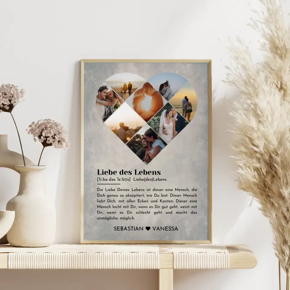 Personalisiertes Poster mit Herz aus Fotos Vintage Liebe Definition Mit 8 Fotos & Namen