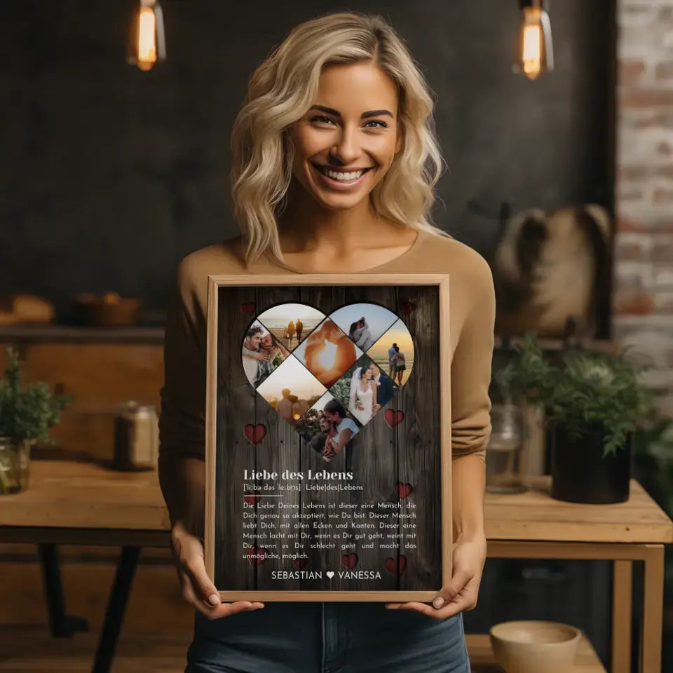 Personalisiertes Poster mit Herz aus Fotos Liebe Herz Holz Stil Mit 8 Fotos & Namen