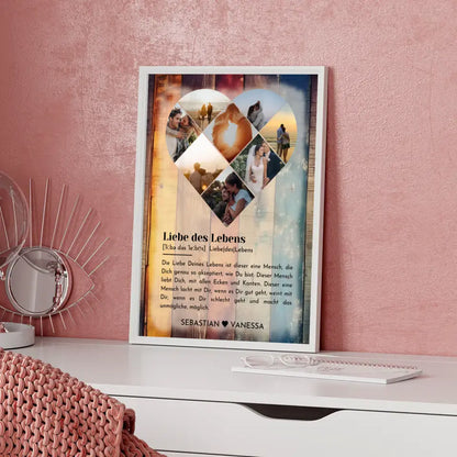 Personalisiertes Poster mit Herz aus Fotos Liebe Definition Holz Stil Bunt Mit 8 Fotos & Namen