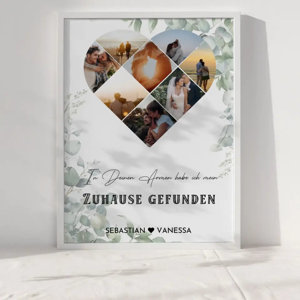 Personalisiertes Poster mit Herz aus Fotos Zuhause Liebe Mit 8 Fotos & Namen