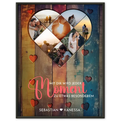 Personalisiertes Poster mit Herz aus Fotos Liebe Herz Holz Stil Bunt Mit 8 Fotos & Namen
