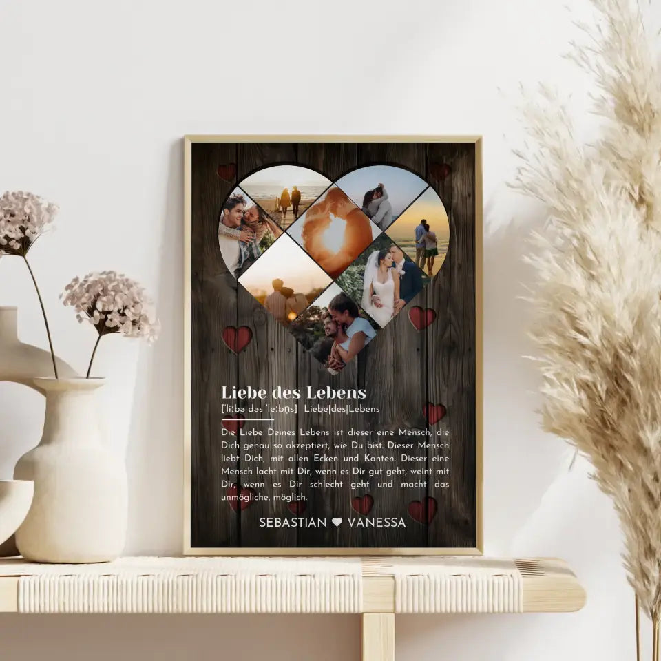 Personalisiertes Poster mit Herz aus Fotos Liebe Herz Holz Stil Mit 8 Fotos & Namen