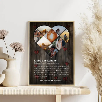 Personalisiertes Poster mit Herz aus Fotos Liebe Herz Holz Stil Mit 8 Fotos & Namen