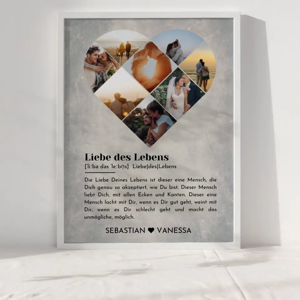 Personalisiertes Poster mit Herz aus Fotos Vintage Liebe Definition Mit 8 Fotos & Namen
