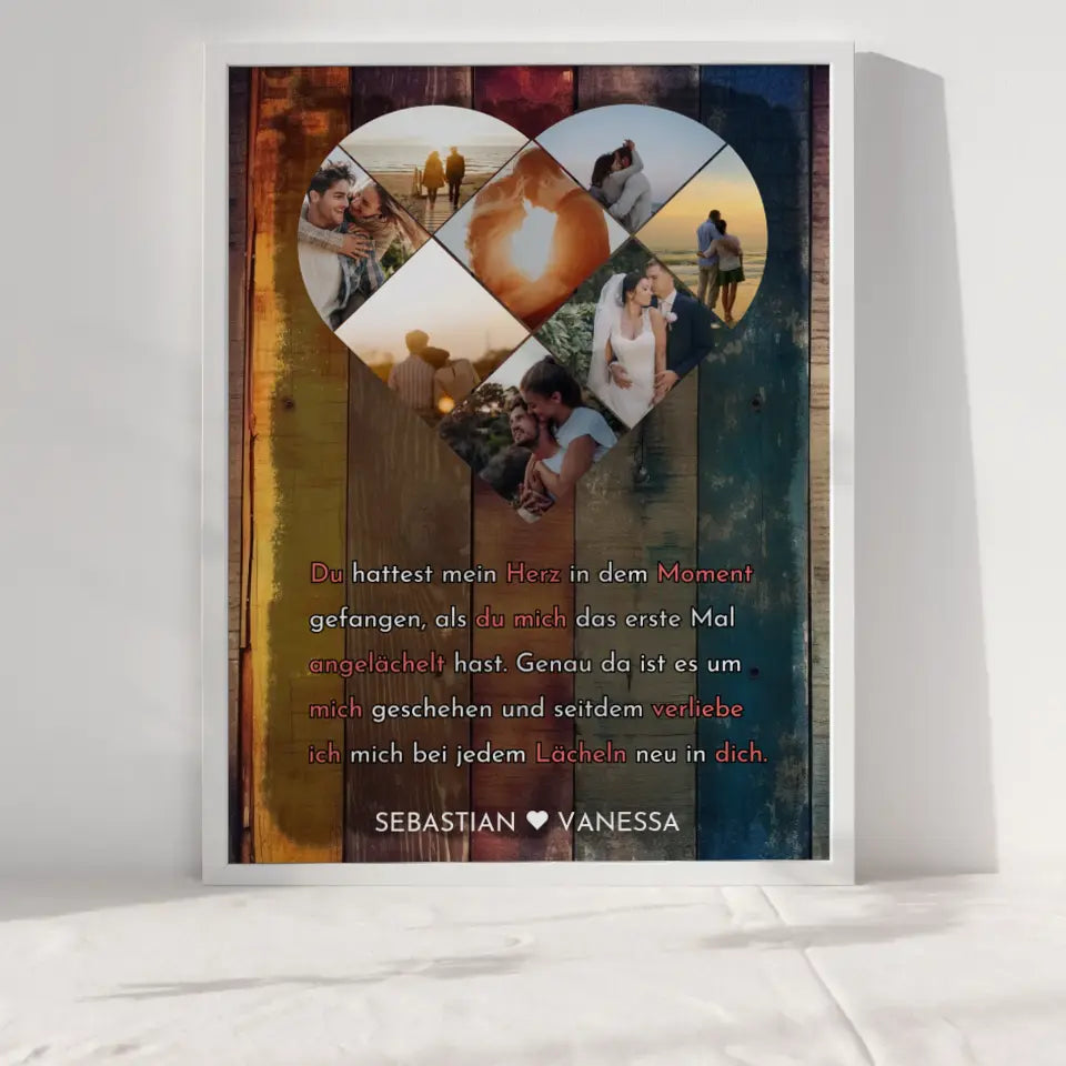 Personalisiertes Poster mit Herz aus Fotos Herzens Moment Bunt Mit 8 Fotos & Namen