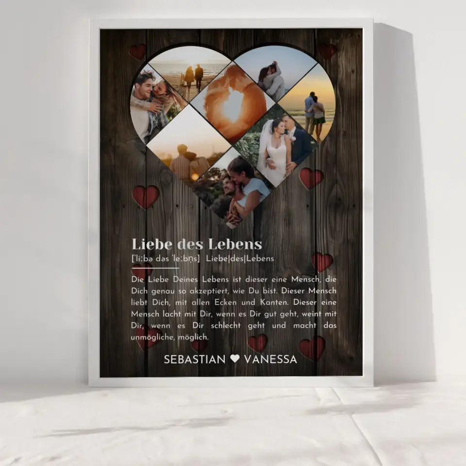 Personalisiertes Poster mit Herz aus Fotos Liebe Herz Holz Stil Mit 8 Fotos & Namen