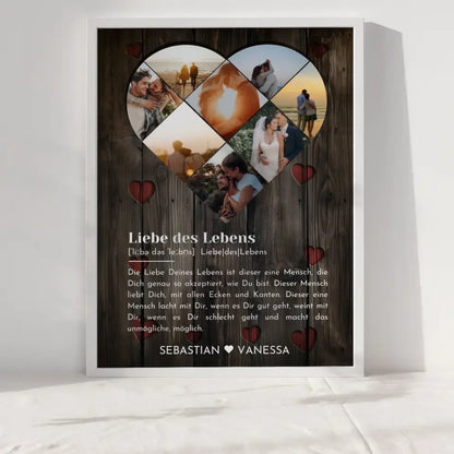 Personalisiertes Poster mit Herz aus Fotos Liebe Herz Holz Stil Mit 8 Fotos & Namen