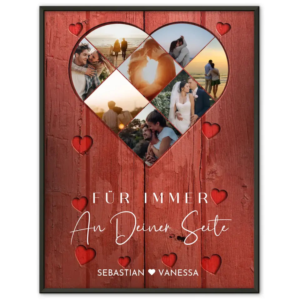 Personalisiertes Poster mit Herz aus Fotos Liebe Herz Holz Stil Rot Mit 8 Fotos & Namen