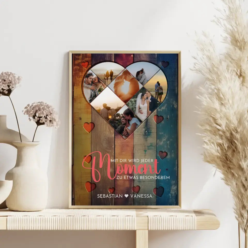 Personalisiertes Poster mit Herz aus Fotos Liebe Herz Holz Stil Bunt Mit 8 Fotos & Namen