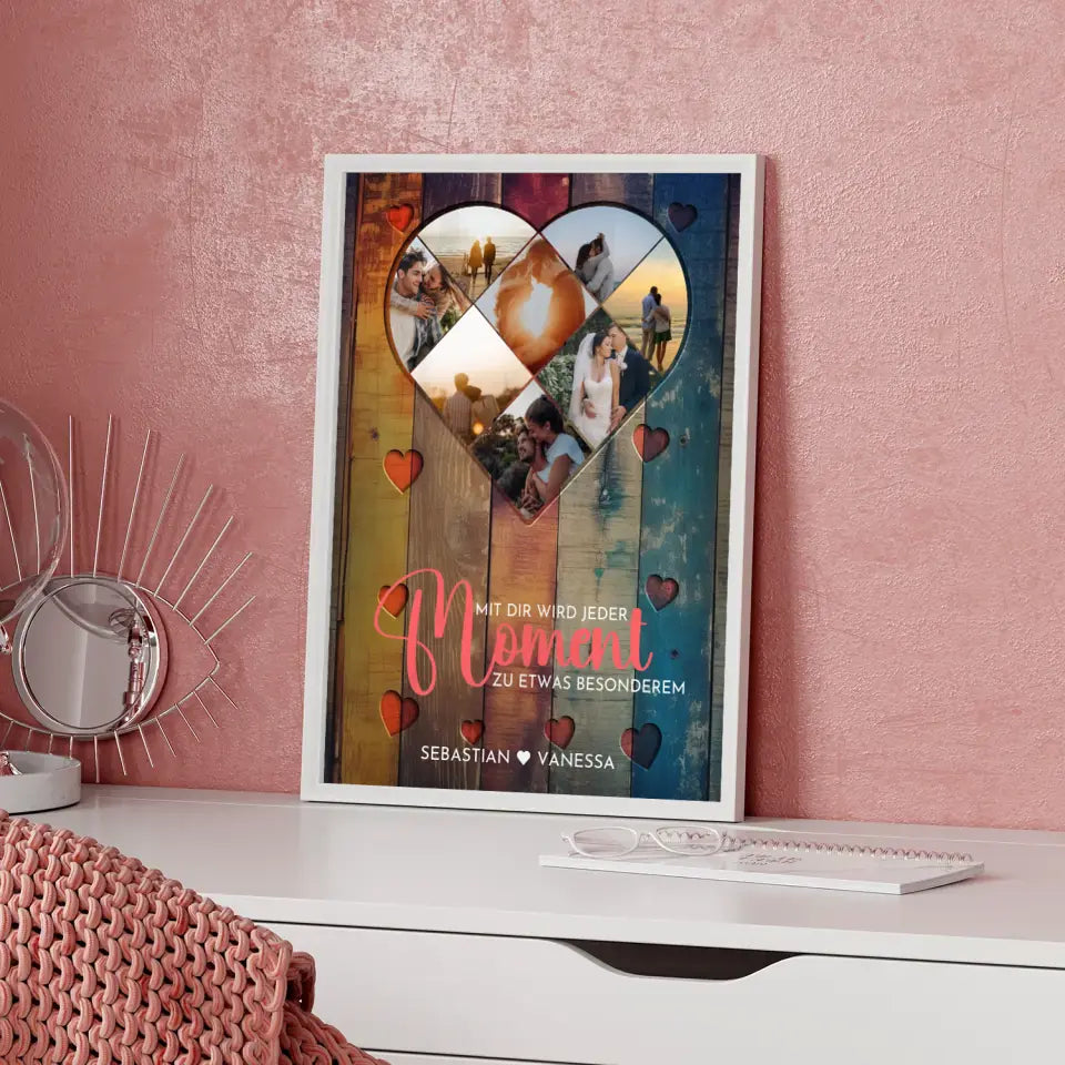 Personalisiertes Poster mit Herz aus Fotos Liebe Herz Holz Stil Bunt Mit 8 Fotos & Namen