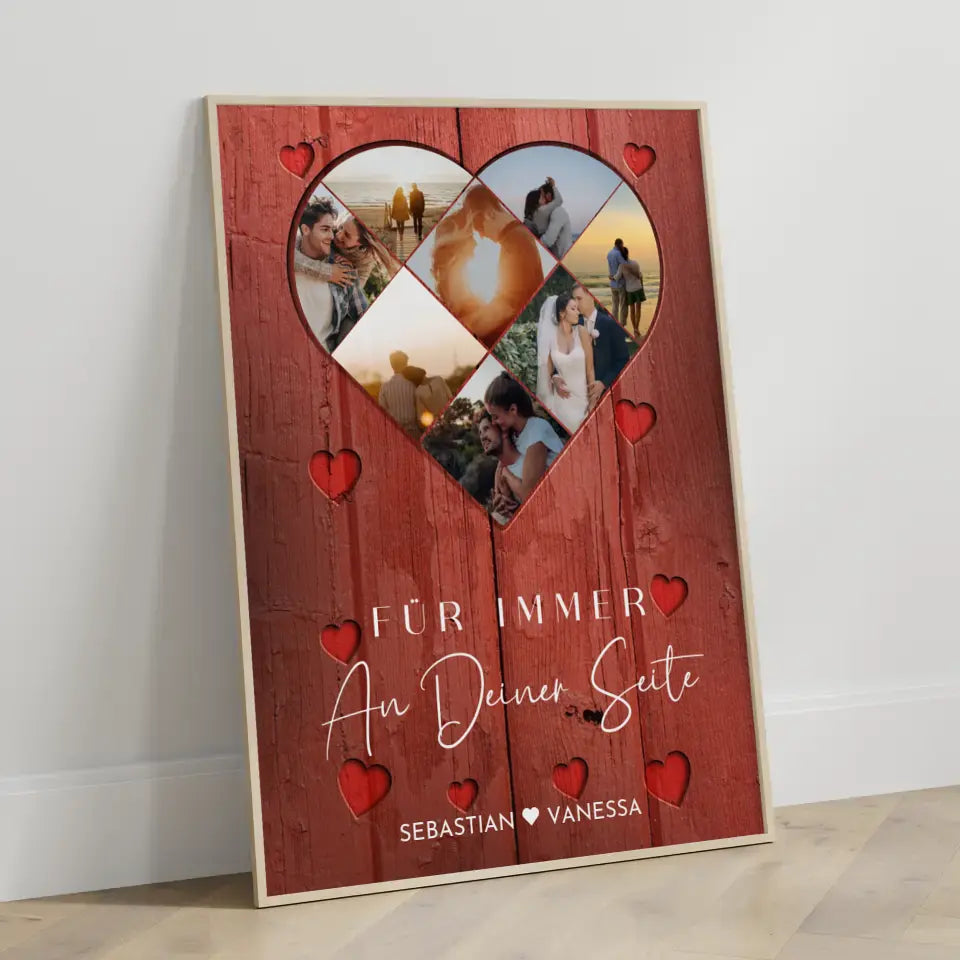 Personalisiertes Poster mit Herz aus Fotos Liebe Herz Holz Stil Rot Mit 8 Fotos & Namen