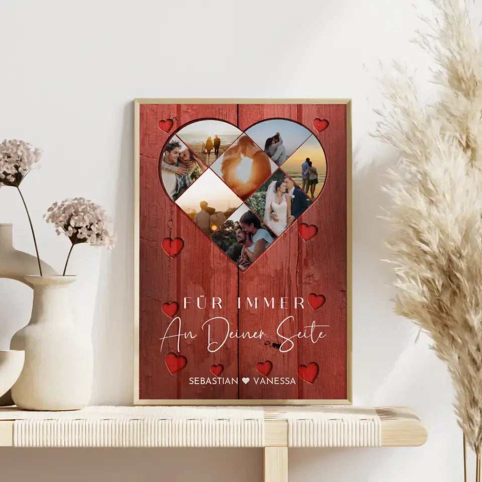 Personalisiertes Poster mit Herz aus Fotos Liebe Herz Holz Stil Rot Mit 8 Fotos & Namen