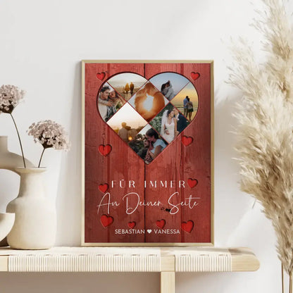 Personalisiertes Poster mit Herz aus Fotos Liebe Herz Holz Stil Rot Mit 8 Fotos & Namen
