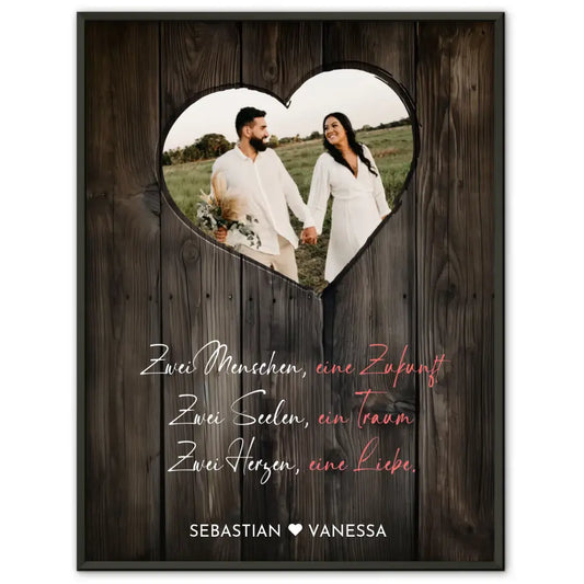 Personalisiertes Herz Poster Liebe Herz Holz Stil Braun Mit Foto & Namen