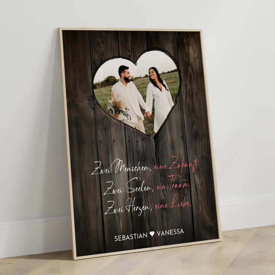 Personalisiertes Herz Poster Liebe Herz Holz Stil Braun Mit Foto & Namen