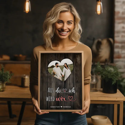 Personalisiertes Herz Poster Du & Ich Wir Holz Stil Braun Mit Foto & Namen