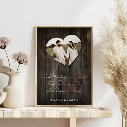 Personalisiertes Herz Poster Liebe Herz Holz Stil Braun Mit Foto & Namen