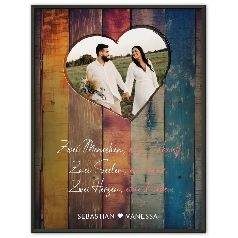 Personalisiertes Herz Poster Herz in Holz Stil Bunt Mit Foto & Namen
