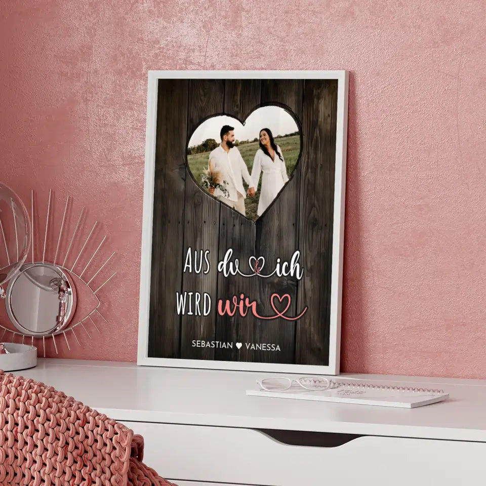 Personalisiertes Herz Poster Du & Ich Wir Holz Stil Braun Mit Foto & Namen