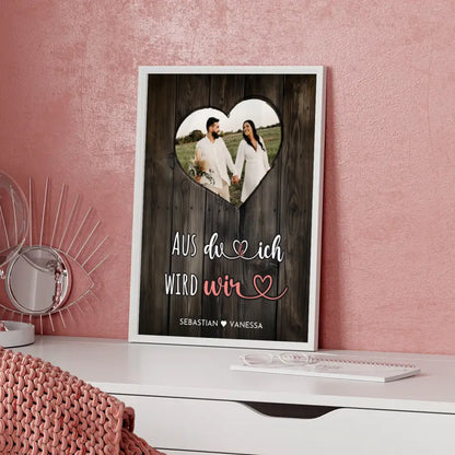 Personalisiertes Herz Poster Du & Ich Wir Holz Stil Braun Mit Foto & Namen