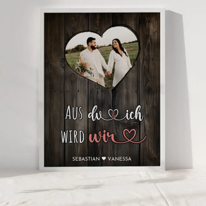 Personalisiertes Herz Poster Du & Ich Wir Holz Stil Braun Mit Foto & Namen