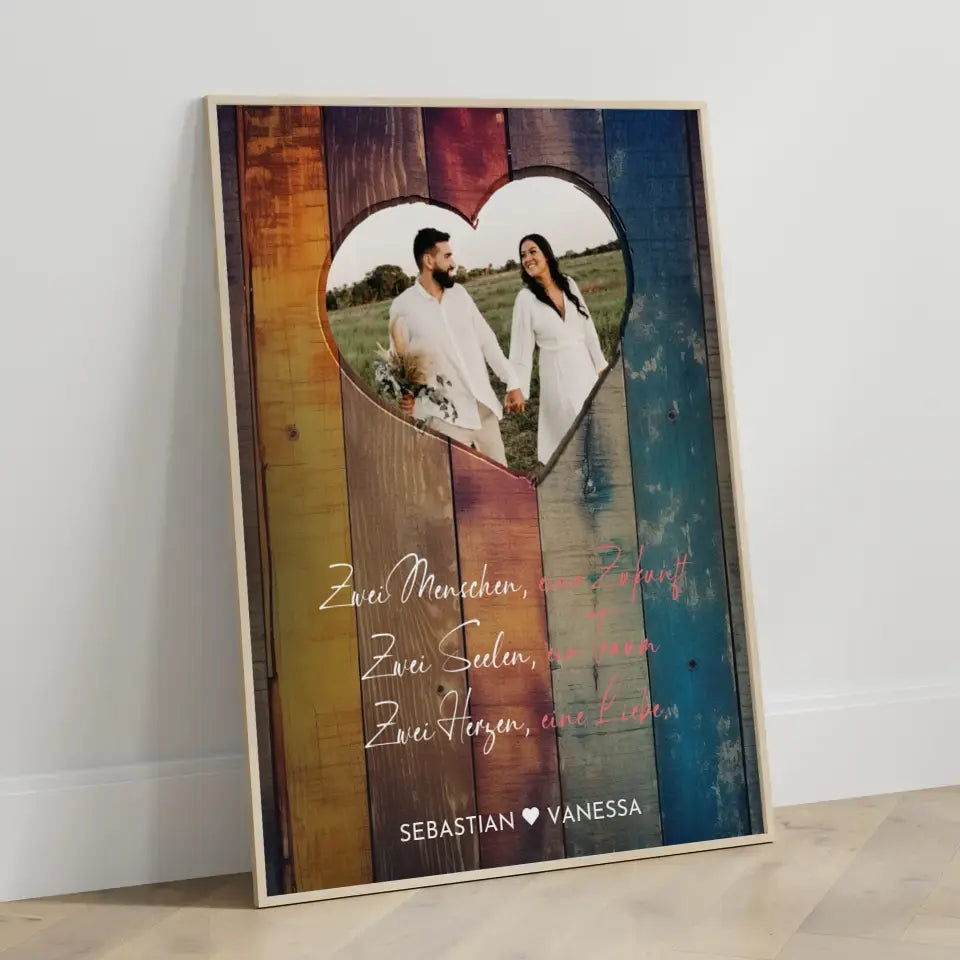 Personalisiertes Herz Poster Herz in Holz Stil Bunt Mit Foto & Namen