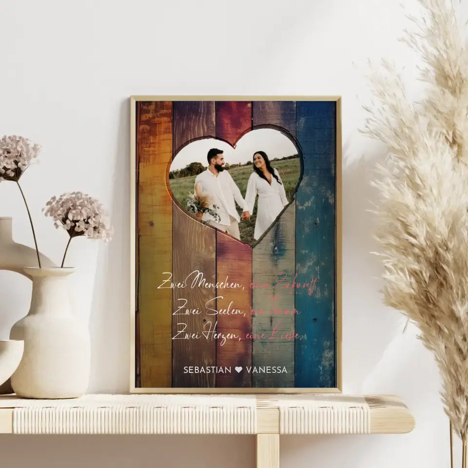 Personalisiertes Herz Poster Herz in Holz Stil Bunt Mit Foto & Namen