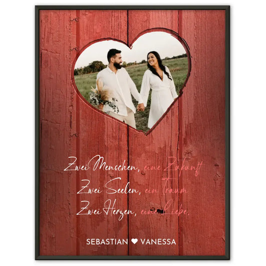 Personalisiertes Herz Poster Herz Holz Stil Rot Mit Foto & Namen