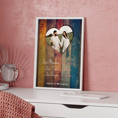 Personalisiertes Herz Poster Herz in Holz Stil Bunt Mit Foto & Namen