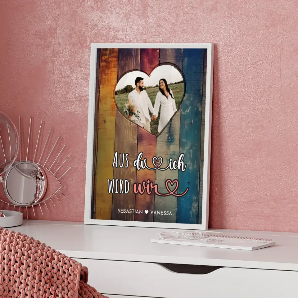 Personalisiertes Herz Poster Du & Ich Holz Stil Bunt Wir Mit Foto & Namen