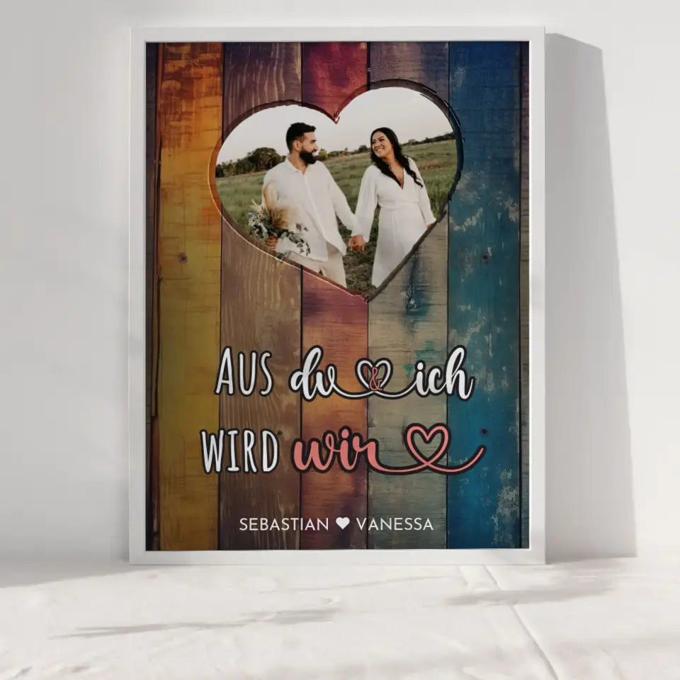 Personalisiertes Herz Poster Du & Ich Holz Stil Bunt Wir Mit Foto & Namen