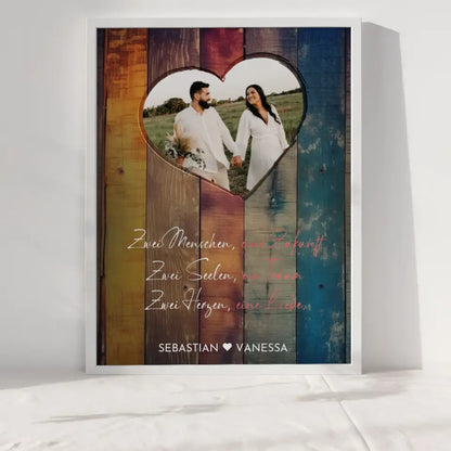 Personalisiertes Herz Poster Herz in Holz Stil Bunt Mit Foto & Namen
