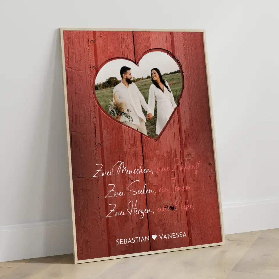 Personalisiertes Herz Poster Herz Holz Stil Rot Mit Foto & Namen