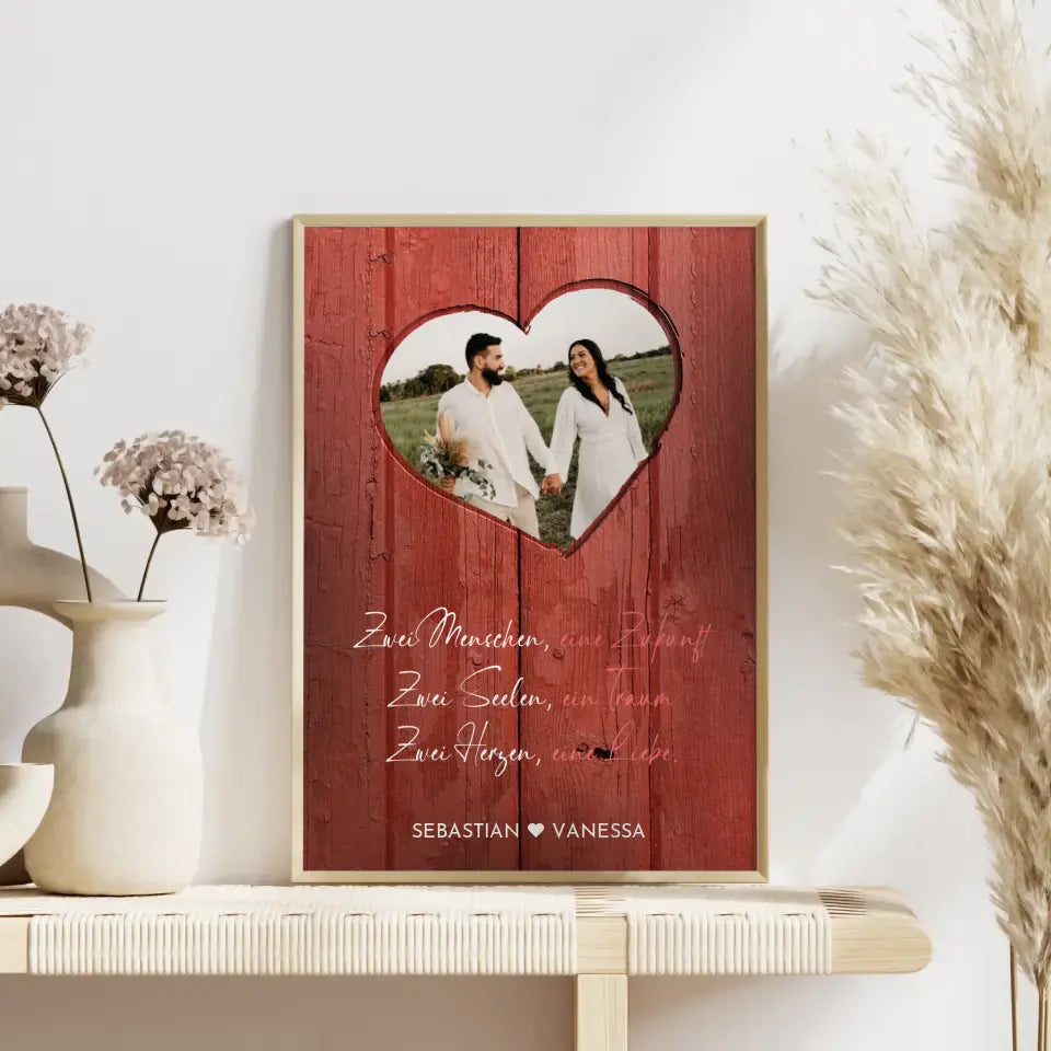 Personalisiertes Herz Poster Herz Holz Stil Rot Mit Foto & Namen