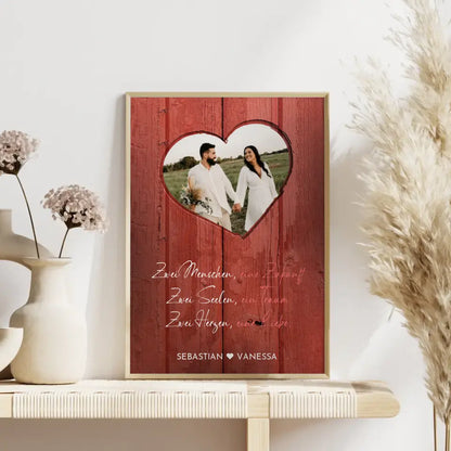 Personalisiertes Herz Poster Herz Holz Stil Rot Mit Foto & Namen