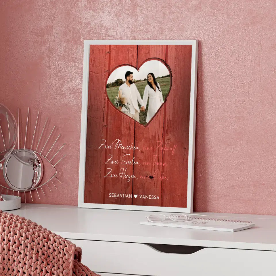 Personalisiertes Herz Poster Herz Holz Stil Rot Mit Foto & Namen