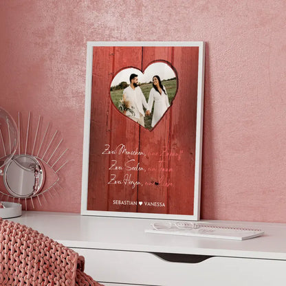 Personalisiertes Herz Poster Herz Holz Stil Rot Mit Foto & Namen