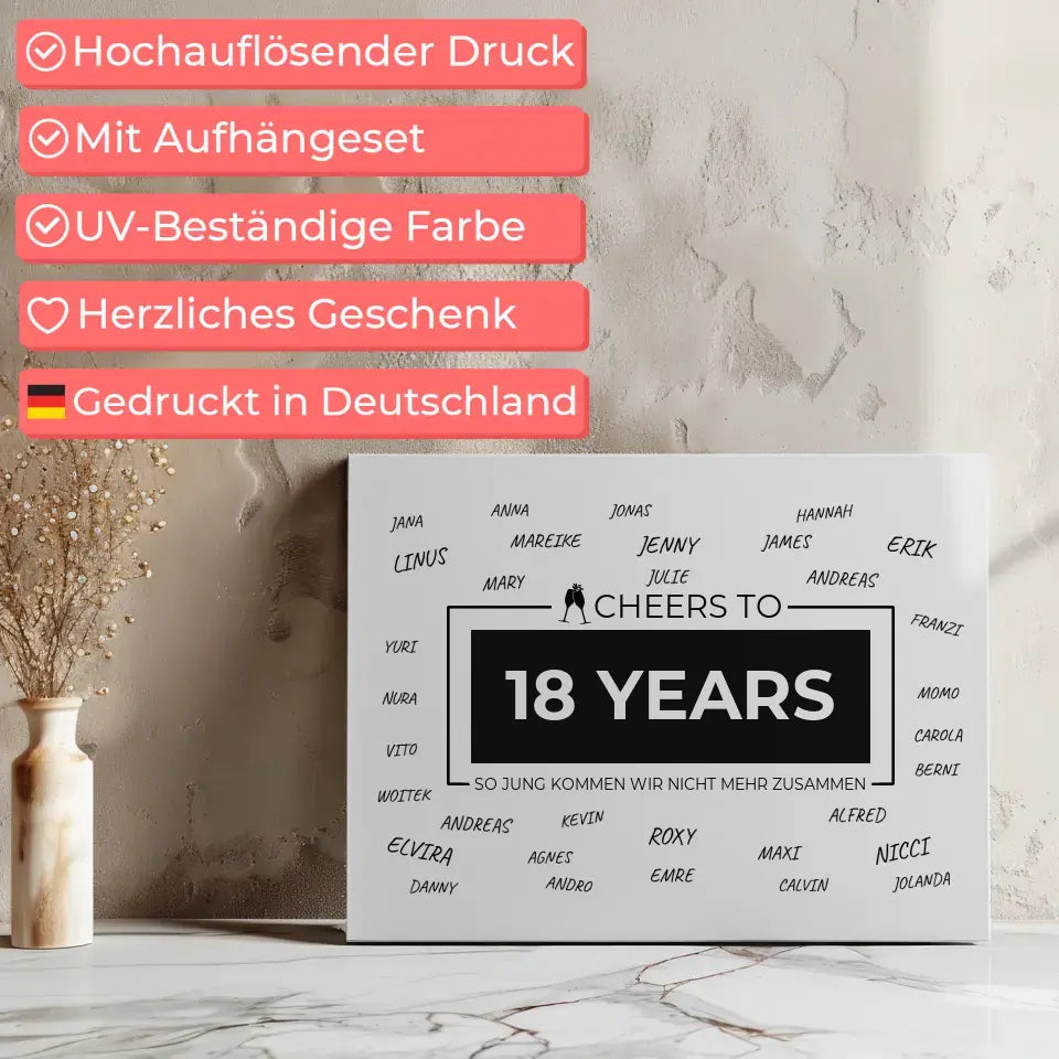 Leinwand personalisiert Cheers To 18 Geburtstag Mit Unterschriften