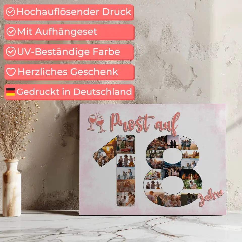 Leinwand personalisiert Prost Auf 18 Geburtstag Für Frauen Sekt Rosa 7