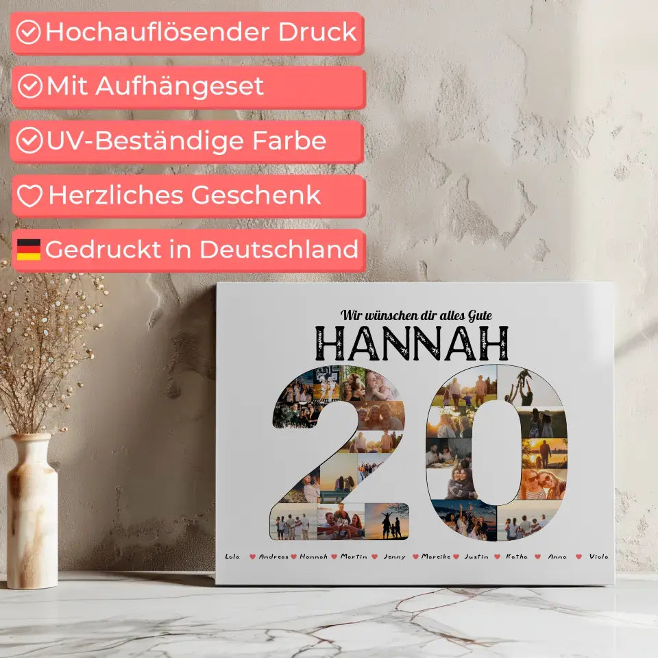 Geschenk Leinwand individuell 20 Geburstag mit Name & Fotos in Zahlen