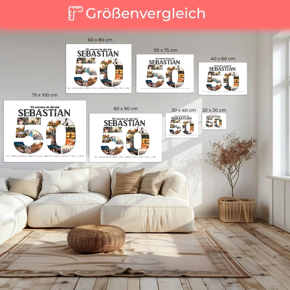 Geschenk Leinwand personalisiert 50 Geburstag mit Name & Fotos in Zahlen 6