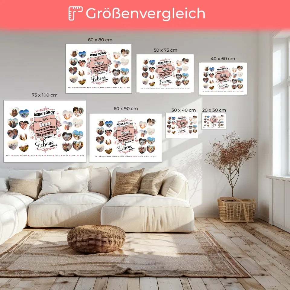 Personalisierte Leinwand Keine Sorge Oma 8 Fotos in Herzform