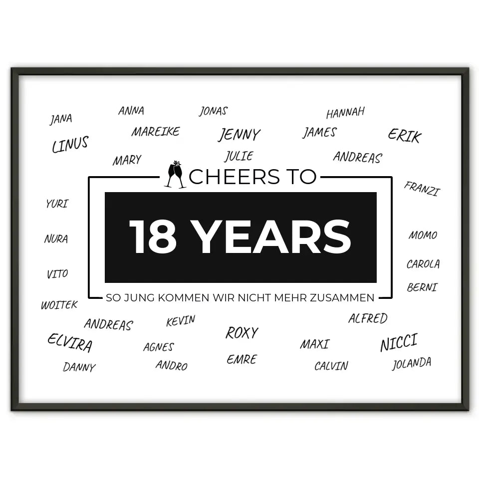 Poster personalisiert Cheers To 18 Geburtstag Mit Unterschriften