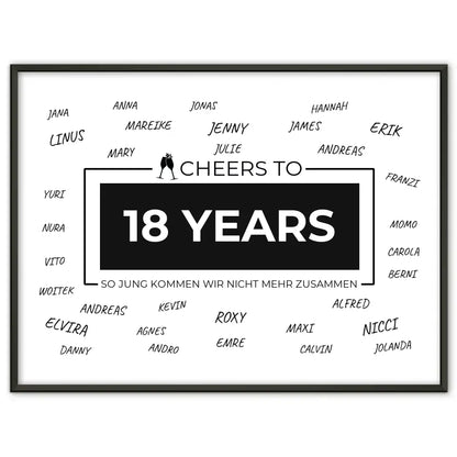 Poster personalisiert Cheers To 18 Geburtstag Mit Unterschriften