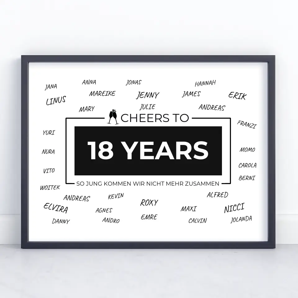 Poster personalisiert Cheers To 18 Geburtstag Mit Unterschriften