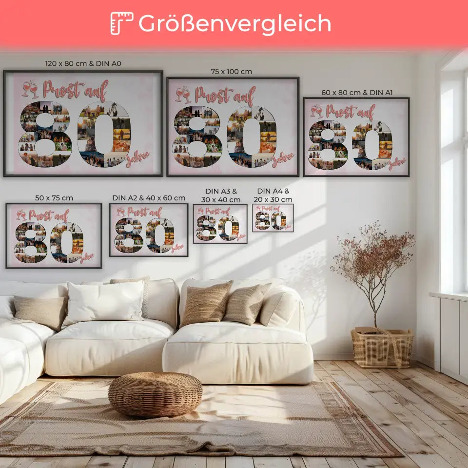 Geschenkposter personalisiert Prost Auf 80 Geburtstag Für Frauen Sekt Rosa
