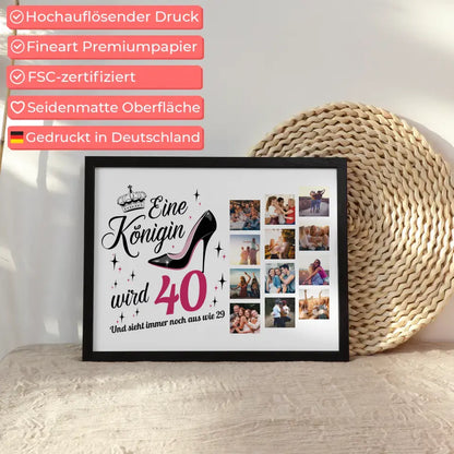 Geschenkposter individuell Eine Königin wird 40 Geburtstag mit 12 Fotos
